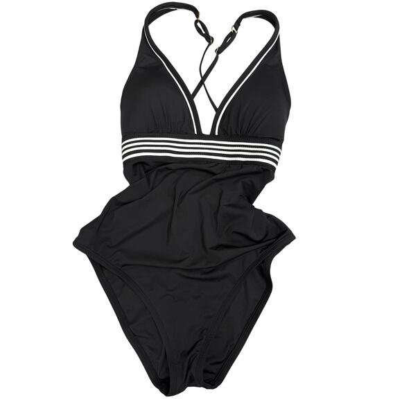 NEW! $172 TRINA TURK MONACO PLEATED PLUNGE ONE PIECE SWIMSUIT BLACK/WHITE SZ 8 - Picture 4 of 8